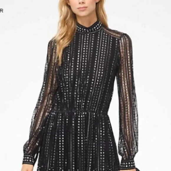 Michael Kors Embroidered Lace Tiered Dress- L